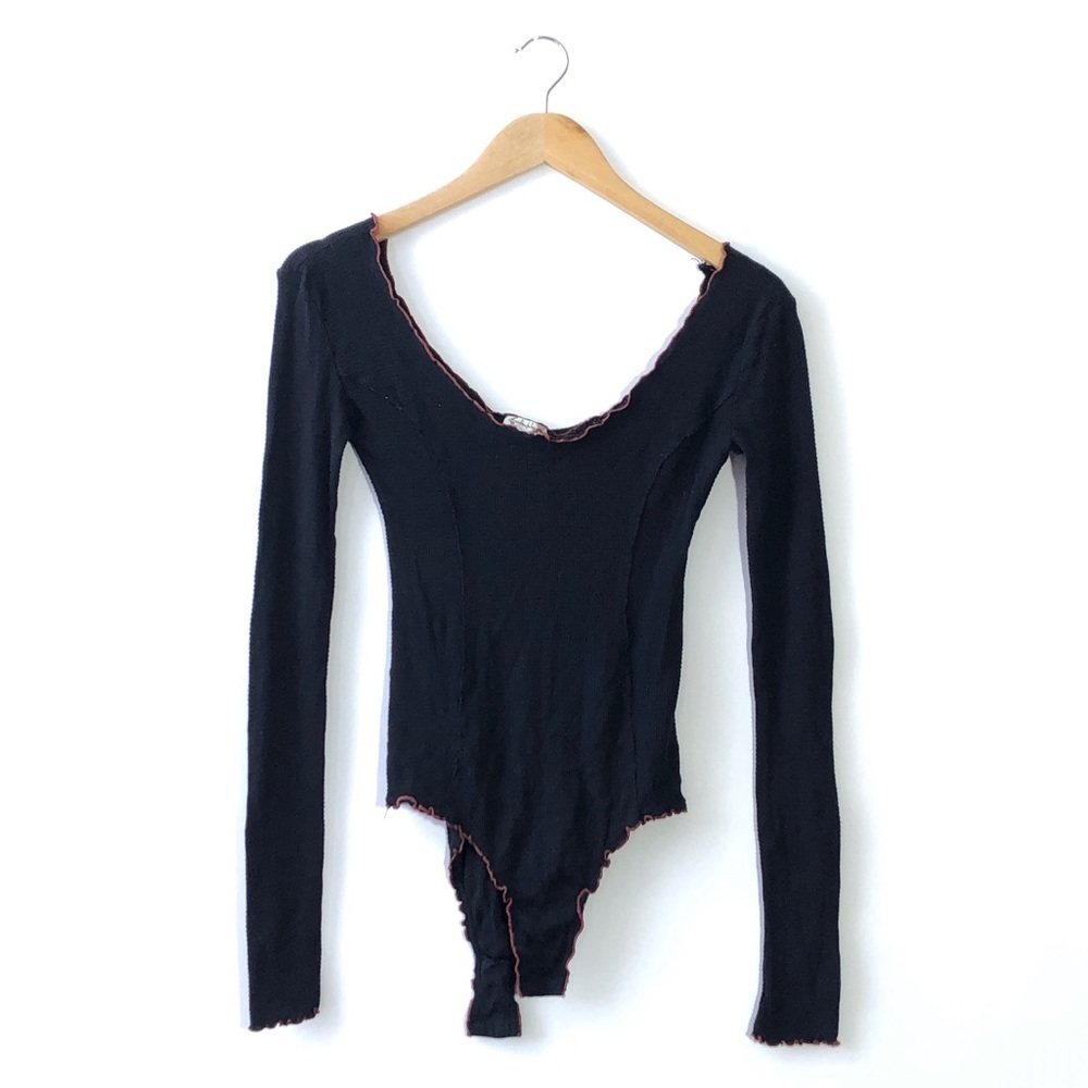 Free People Black Waffle Knit Orange Ruffle Embroidered Bodysuit M